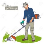 Landscaper cutting grass using string lawn trimmer. Male worker with power tool string lawn trimmer move. Lawn mover worker.